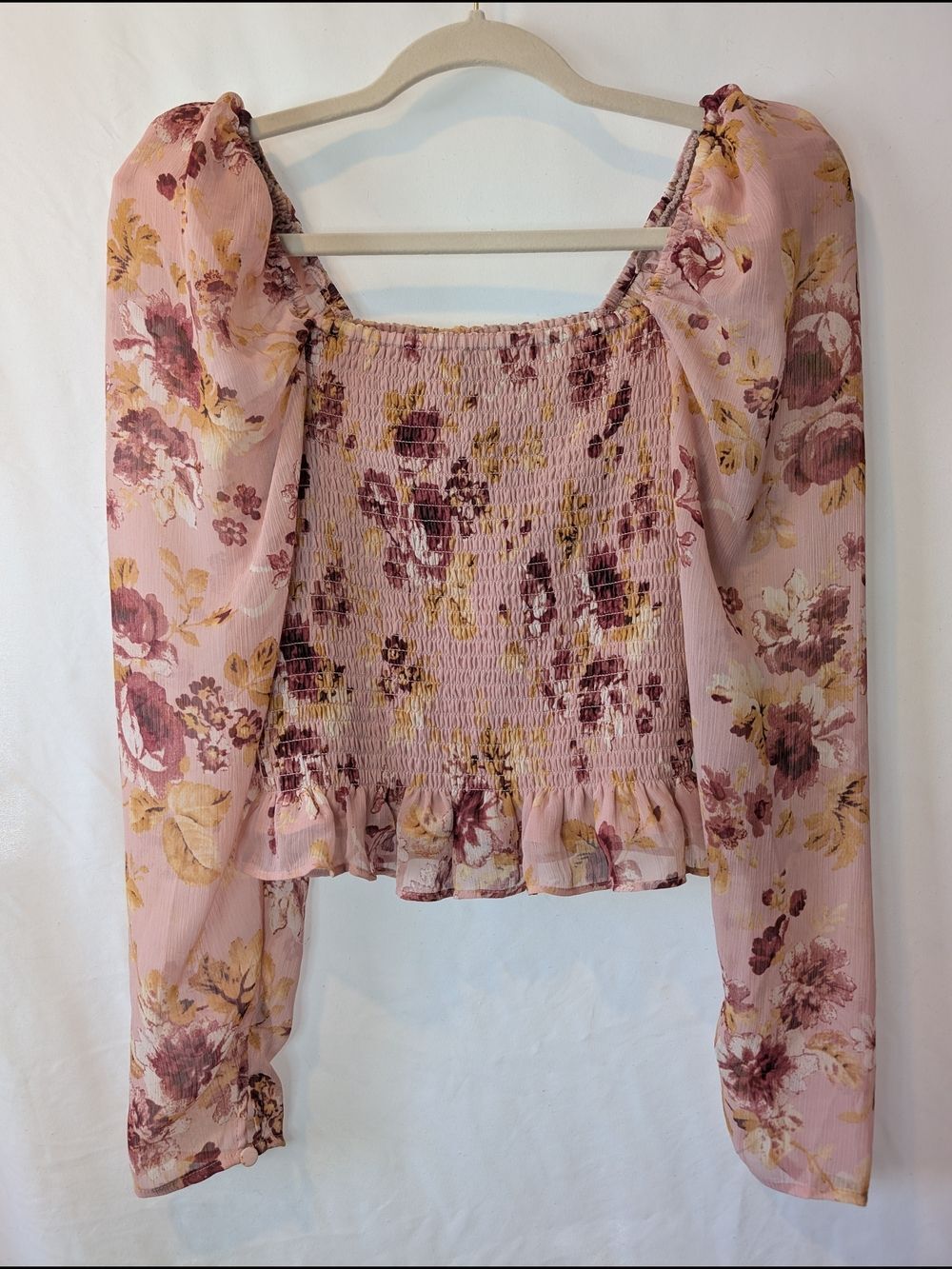 Pink Floral Smocked Puff-Sleeve Blouse boho cottagecore romantic coquette